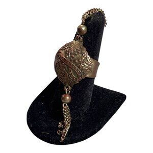 Antique Victorian Brass Adjustable Ring Tassel Ornate Chain & Charm MCM Art Deco